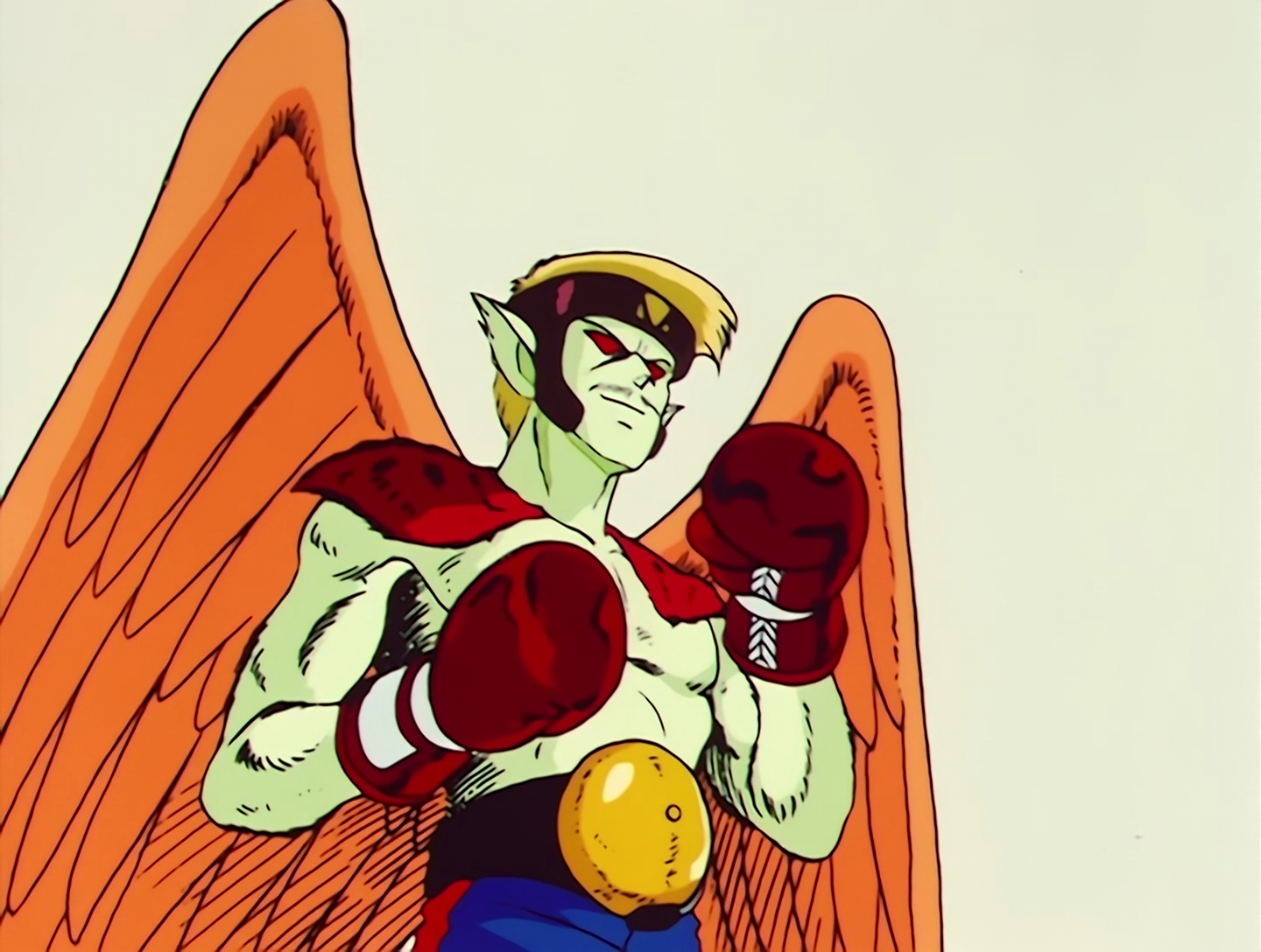 Boxy, a Youma from Sailor Moon episode 26. He’s a boxer, with pale green skin, blonde hair and large orange wings. His eyes are red and he has a thin mustache. He wears boxing headgear, red boxing gloves and a belt with a bell at the center.